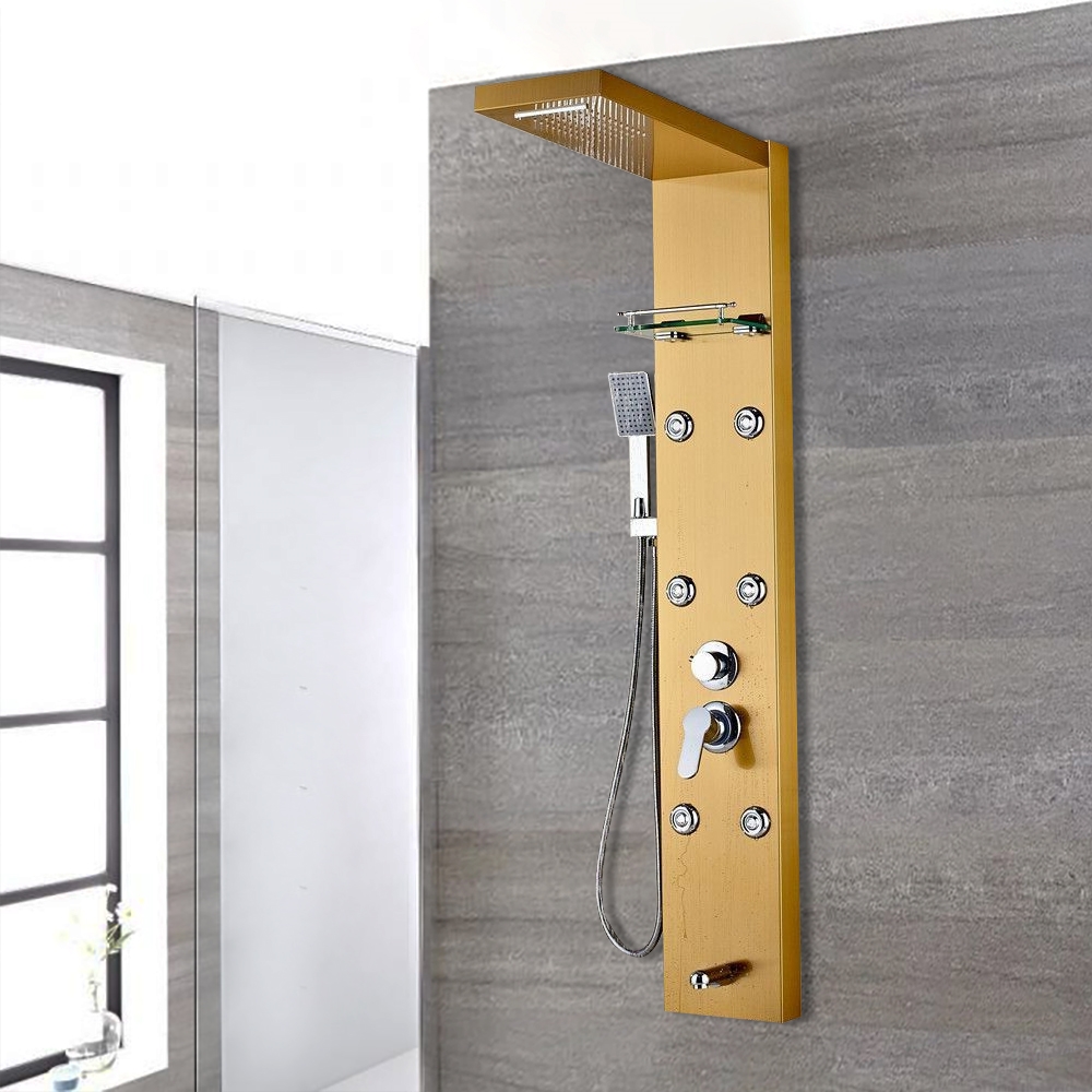 Fontana Gold Rain Bathroom Shower Panel Column Massage Jets With Shelf Tub Spout Faucet